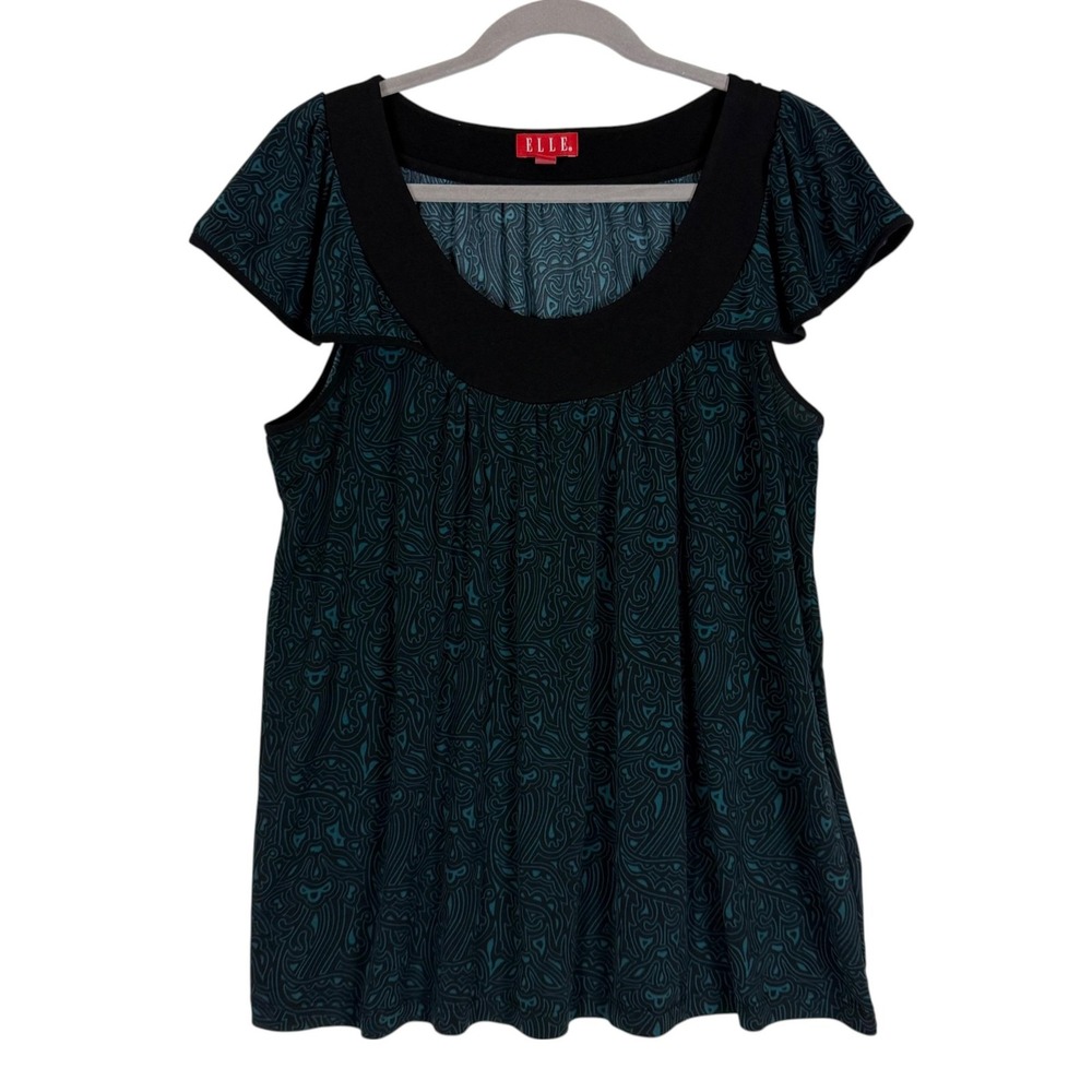ELLE Blouse Womens Large Black Teal Paisley Scoop Neck Flutter Sleeve Tunic
